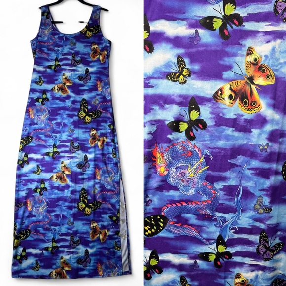 VNTG No Boundaries Clouds Butterflies Dragons Column Dress y2k 90s Junior sz M - Picture 1 of 8